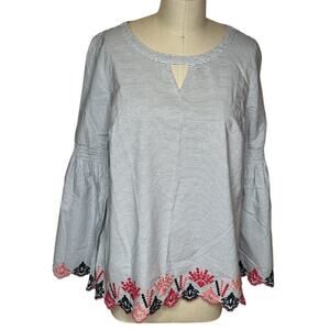 Crown & Ivy Navy White Stripe Embroidered Bell Sleeves Blouse Top Women's Sz M